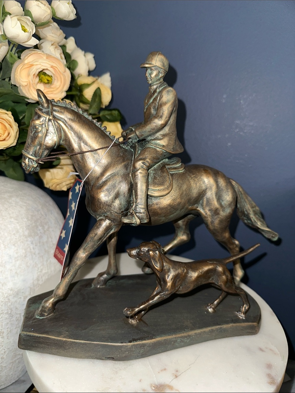 Patriotic Bronze-Tone Equestrian Rider and Hound Sculpture - Classic Home Art